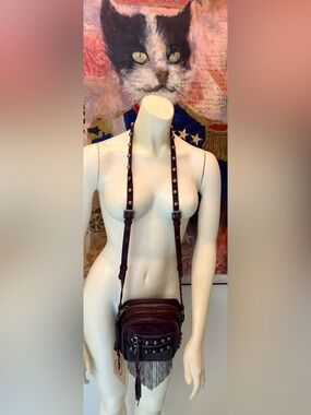 Ash NWT HA-MOXY CB Dark Wine leather metal fringe studded crossbody